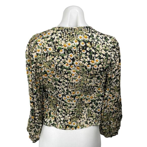 H&M Black Floral Daisy Peasant Long Sleeve V Neck Button Down Blouse Top Size M - Picture 2 of 4